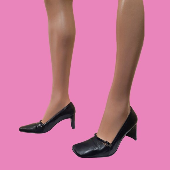 Vintage 90s Bisou Bisou Heels Black Leather Mary Jane Square Toe Shoes US 7 - Picture 11 of 12
